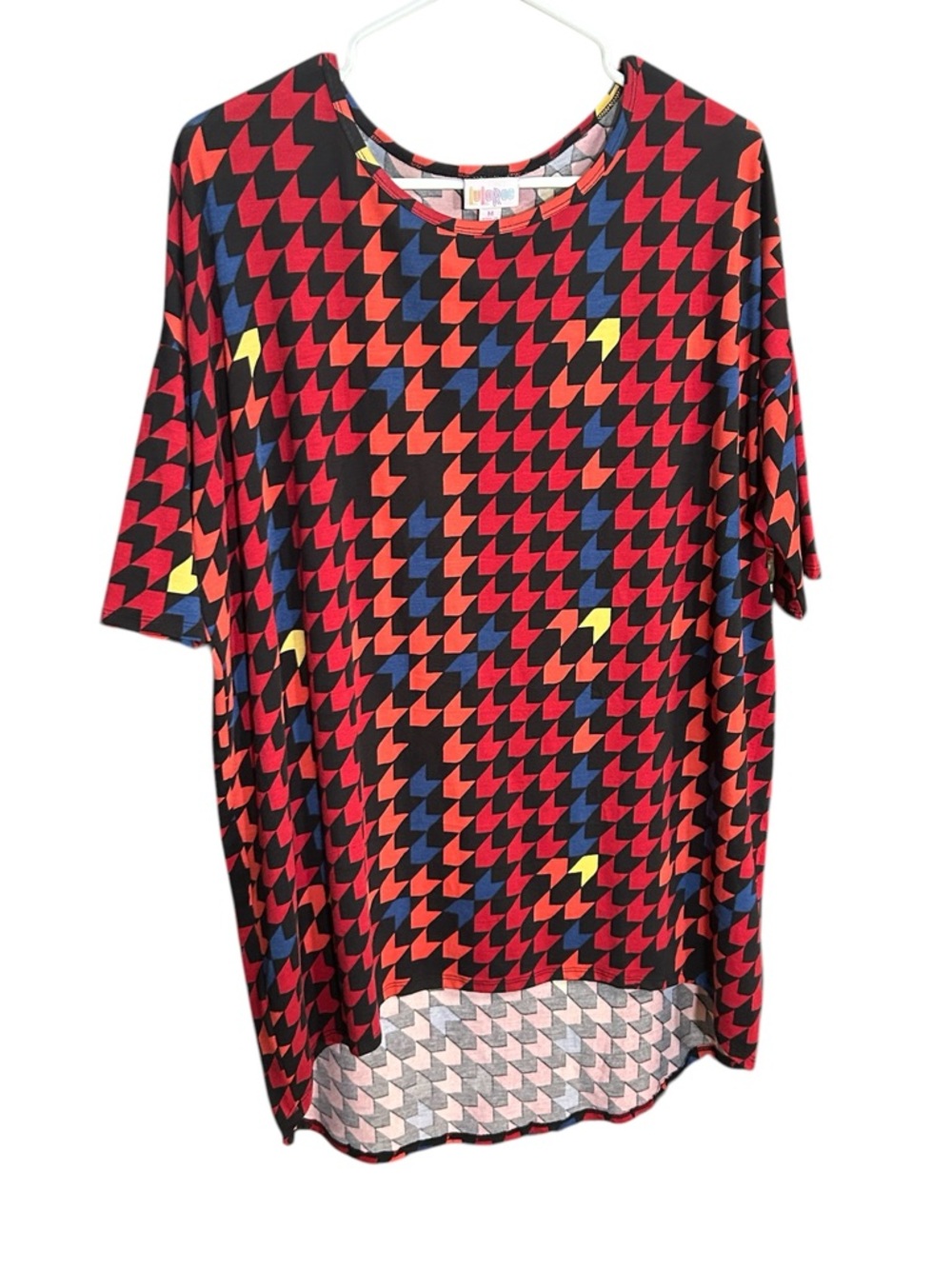 LuLaRoe Red Black Geometric Short-Sleeve Tunic with Blue and Yellow Accents